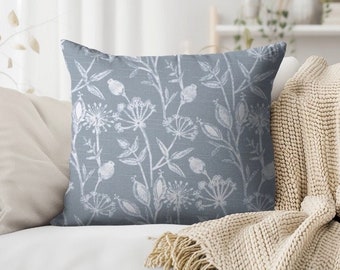 Blue Floral Pillow Cover, Summer Pillow Cover, Linen Look Green Pillow Cover, Blue and White Linen Pillow Cover, Designer Pillow Blue