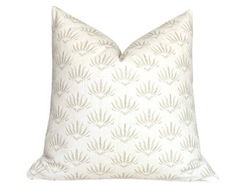Floral Block Print Pillow Cover: Beige & White Linen Look