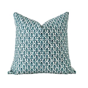 Blue Block Print Pillow Cover Floral Pillow in Blue White Block Linen Pillow Cover Modern Pillow Cover Blue Lumbar 20x20, 18x18 Designer