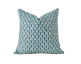 Blue Floral Block Print Pillow Cover, Cotton Linen Blend