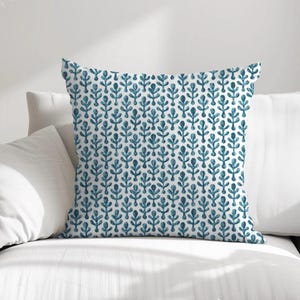 Blue Block Print Pillow Cover, Floral Pillow in Blue Beige, Block Linen Pillow Cover, Modern Pillow Cover, Blue Lumbar, 20x20, 18x18, Summer