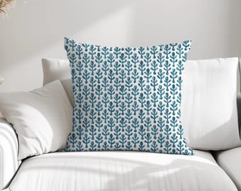 Blue Block Print Pillow Cover, Floral Pillow in Blue Beige, Block Linen Pillow Cover, Modern Pillow Cover, Blue Lumbar, 20x20, 18x18, Summer