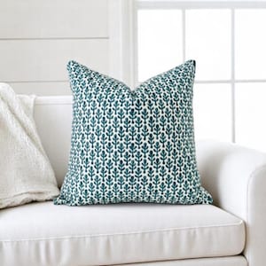 Blue Block Print Pillow Cover Floral Pillow in Blue White Block Linen Pillow Cover Modern Pillow Cover Blue Lumbar 20x20, 18x18 Designer