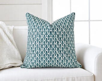 Blue Block Print Pillow Cover Floral Pillow in Blue White Block Linen Pillow Cover Modern Pillow Cover Blue Lumbar 20x20, 18x18 Designer