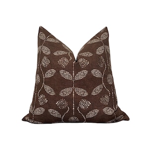 Brown Block Print Pillow Cover, Osamu Floral Pillow Cover, Modern Farmhouse Throw Pillow, Designer Pillow, Fall Pillow, Brown Linen Pillow