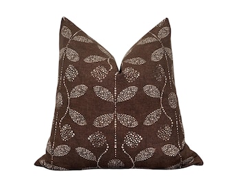 Brown Block Print Pillow Cover, Osamu Floral Pillow Cover, Modern Farmhouse Throw Pillow, Designer Pillow, Fall Pillow, Brown Linen Pillow