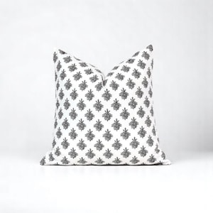 Block Print Pillow Cover Floral Pillow in Black and White Throw Pillow Cover Modern Neutral Pillow Cover Lumbar Christmas Pillow 18X18 20x20