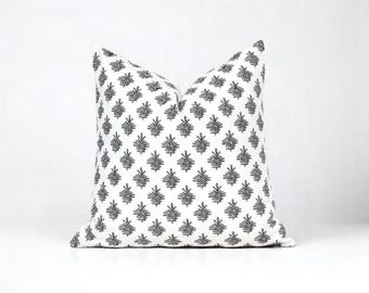 Block Print Floral Pillow Cover: Modern Black and White Throw Pillow