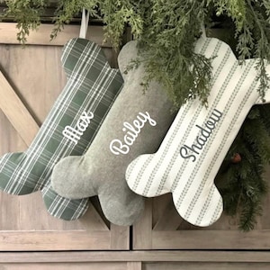 Personalized Dog Christmas Stocking, Dog Stocking in Green and White, Stripe Pet Stocking, Dog Bone Stocking, Dog Christmas Stocking Green