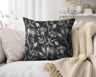 Black Floral Pillow Cover, Fall Pillow Cover, Linen Look Black Pillow Cover, Black and White Linen Pillow Cover, Designer Pillow Black