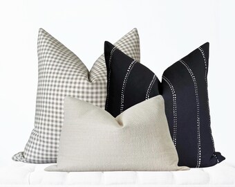 Black Beige Pillow Cover, Gingham Plaid Pillow Cover, Black Stripe Pillow, Set of 3 Pillows, Modern Throw Pillow, Designer Pillow Cover
