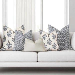 Block Print Pillow Cover, Blue Cream Pillow Set, Modern Pillow Combo, Sofa Pillow Set, Farmhouse Pillow Cover, Floral Pillow Cover Set of 5