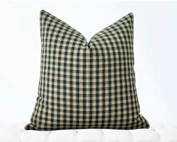 Plaid Pillow Cover, Hunter Green Plaid Pillow, Fall Pillow Cover, Christmas Plaid Pillow, Modern Farmhouse Pillow Cover, Green Cream Pillow