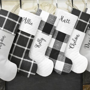 Personalized Quilted Stockings in Gray White Black Buffalo Check Plaid Farmhouse Christmas Stockings Family Stockings