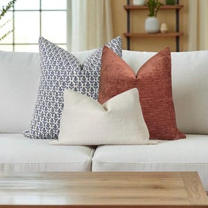 Blue Rust Pillow Cover Set, Herringbone Pillow, Blue Block Print Pillow Cover, Fall Pillow Cover Set, Modern Farmhouse Pillow Cover Combo