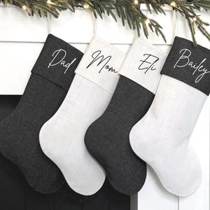 Personalized Christmas Stockings in Black and White, Modern Christmas Stockings, Embroidered Christmas Stockings, Linen Look Stockings