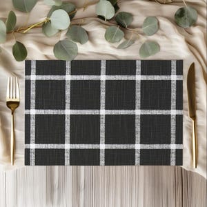 Plaid Placemats in Black Modern Farmhouse Windowpane Placemat Black White Plaid Table Linens Set of 4 Plaid Placemats Christmas Table Linens