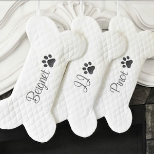 Personalized Dog Bone Christmas Stocking in Quilted White, Dog Bone Stocking, Pet Stocking, Farmhouse Dog Stocking,