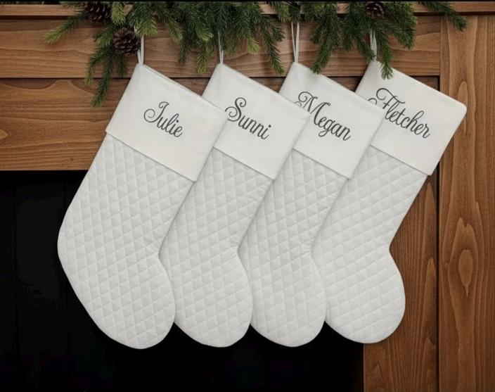 34 Adorable Christmas Stocking Ideas to Hang with Pride: Festive Flair for Your Fireplace 22 Personalized Christmas Stockings. Quilted Christmas stockings. White…