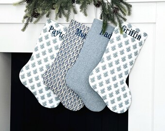 Blue Christmas Stockings, Linen Christmas Stockings, Blue and White Stockings, Block Print Christmas Stocking, Designer Stocking Blue