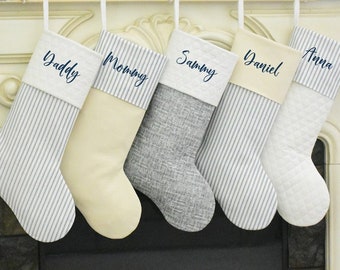 Personalized Christmas Stockings in Navy Blue White Natural Stripe Ticking, Farmhouse Stockings, French Country Cottage, Quilted Stockings