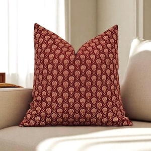 Block Print Pillow Cover Red Burgundy Floral Pillow, Burgundy Cream Pillow Cover, Modern Farmhouse Pillow Cover, Linen Designer Pillow Cover