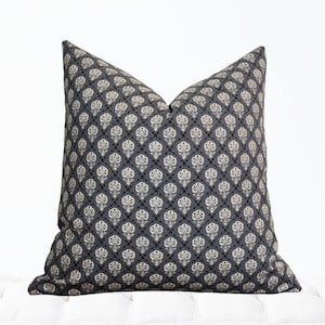 Block Print Pillow Cover, Grey Floral Pillow, Grey and White Pillow Cover, Modern Farmhouse Pillow Cover, Linen Designer Pillow Cover Fall