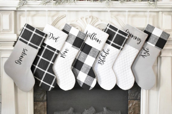 Personalized Buffalo Check Christmas Stockings Black White 