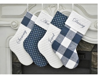 Personalized Quilted Christmas Stockings in Navy Blue and White Buffalo Check Plaid, Dots, Farmhouse Cottage Stockings,