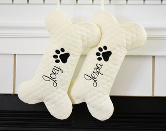 Personalized Dog Bone Christmas Stocking in Quilted Cream, Dog Bone Stocking, Pet Stocking, Farmhouse Dog Stocking,