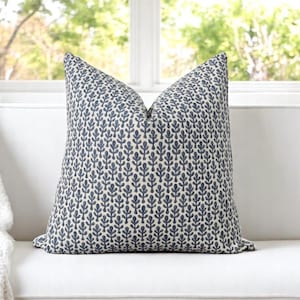 Blue Block Print Pillow Cover, Floral Pillow in Blue Beige, Block Linen Pillow Cover, Modern Pillow Cover, Blue Lumbar, 20x20, 18x18, Summer
