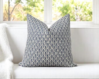 Blue Block Print Pillow Cover, Floral Pillow in Blue Beige, Block Linen Pillow Cover, Modern Pillow Cover, Blue Lumbar, 20x20, 18x18, Summer