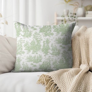 Green and White Toile Pillow Cover, Sage Green Toile Throw Cover, Green and White Decorative Pillow Cover, French Country Pillow Cover