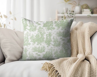 Green and White Toile Pillow Cover, Sage Green Toile Throw Cover, Green and White Decorative Pillow Cover, French Country Pillow Cover