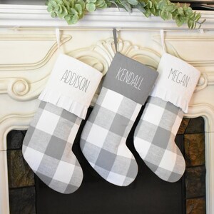 Personalized Quilted Stockings. Gray and White Buffalo Check Stockings. Farmhouse Christmas Stockings. Gray Plaid Family Stockings