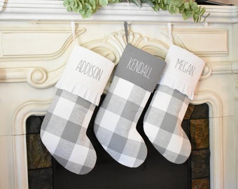 Personalized Quilted Stockings. Gray and White Buffalo Check Stockings. Farmhouse Christmas Stockings. Gray Plaid Family Stockings