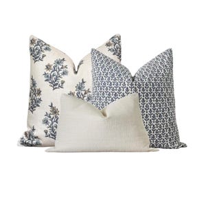 Blue Cream Pillow Set, Block Print Pillow Cover,  Modern Pillow Combo, Sofa Pillow Set, Farmhouse Pillow Cover, Floral Pillow Cover Set of 3