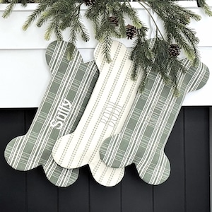 Personalized Dog Bone Christmas Stocking, Dog Stocking in Green White, Plaid Pet Stocking, Dog Bone Stocking, Dog Christmas Stocking Green