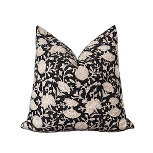 Hand Block Block Print Pillow Cover, Black Beige Block Print Pillow Cover, Black Floral Pillow Cover, India Hand Block Pillow, Modern Pillow