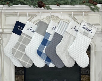 Personalized Christmas Stockings in Navy Blue, Gray and White Farmhouse Stockings, French Cottage, Quilted Stockings