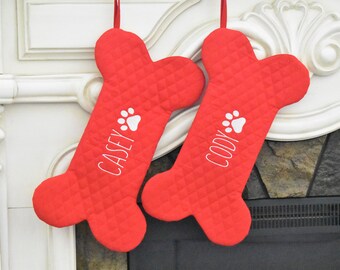 Personalized Dog Bone Christmas Stocking in Quilted Red, Dog Bone Stocking, Pet Stocking, Farmhouse Dog Stocking,