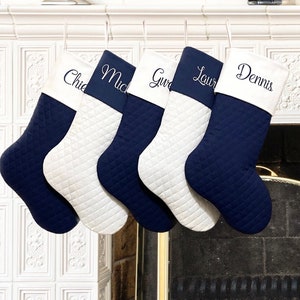 Personalized Quilted Christmas Stockings in Navy Blue and White Family Stockings Coastal Beachy Christmas