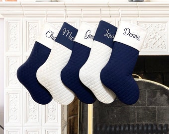 Personalized Quilted Christmas Stockings in Navy Blue and White Family Stockings Coastal Beachy Christmas