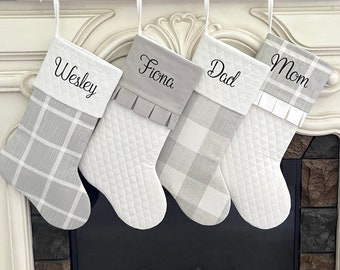 Personalized Quilted Stockings in Gray White Buffalo Check Plaid Modern Farmhouse Christmas Stockings
