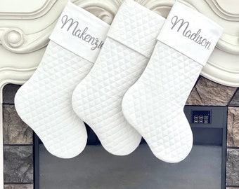 Personalized Christmas Stockings. Quilted Christmas stockings. White farmhouse stockings. Elegant stocking.