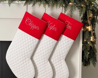 Personalized Quilted Christmas Stockings, Red and White Christmas Stocking, Modern Farmhouse Holiday Decor