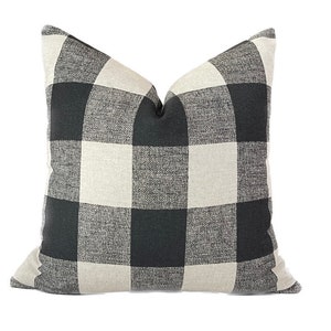 Buffalo Check Pillow Cover Black Tan Plaid Pillow Fall Farmhouse Throw Pillow Buffalo Lumbar Pillow in Black Tan Linen Pillow Cover