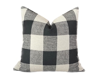 Buffalo Check Pillow Cover Black Tan Plaid Pillow Fall Farmhouse Throw Pillow Buffalo Lumbar Pillow in Black Tan Linen Pillow Cover