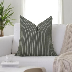 Green White Stripe Pillow Cover, Farmhouse Throw Pillow, Modern Pillow Cover Olive Green, Designer Pillow Cover, Gift, Spring Pillow