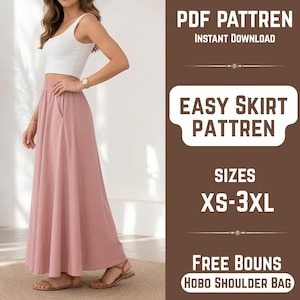May include: A PDF pattern for a long, dusty pink skirt with an elastic waistband and side pockets. The text on the brown background reads: PDF PATTREN, INSTANT DOWNLOAD, EASY SKIRT PATTREN, SIZES XS-3XL, FREE BOUNS, HOBO SHOULDER BAG.